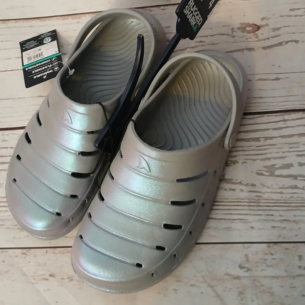 Rugged Shark Slip-On Clogs Silver Mylar Glitter Girls Size 4